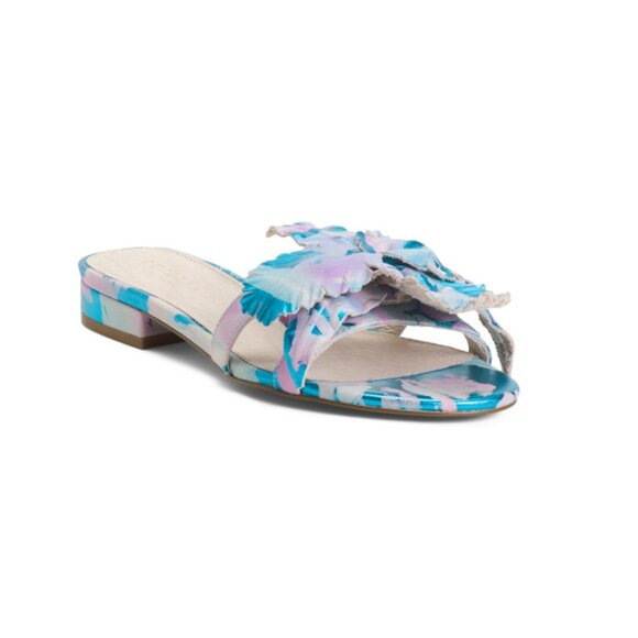 CECELIA NEW YORK Blue/Pink Leather Lila Floral Applique Flat Sandals - Picture 1 of 2